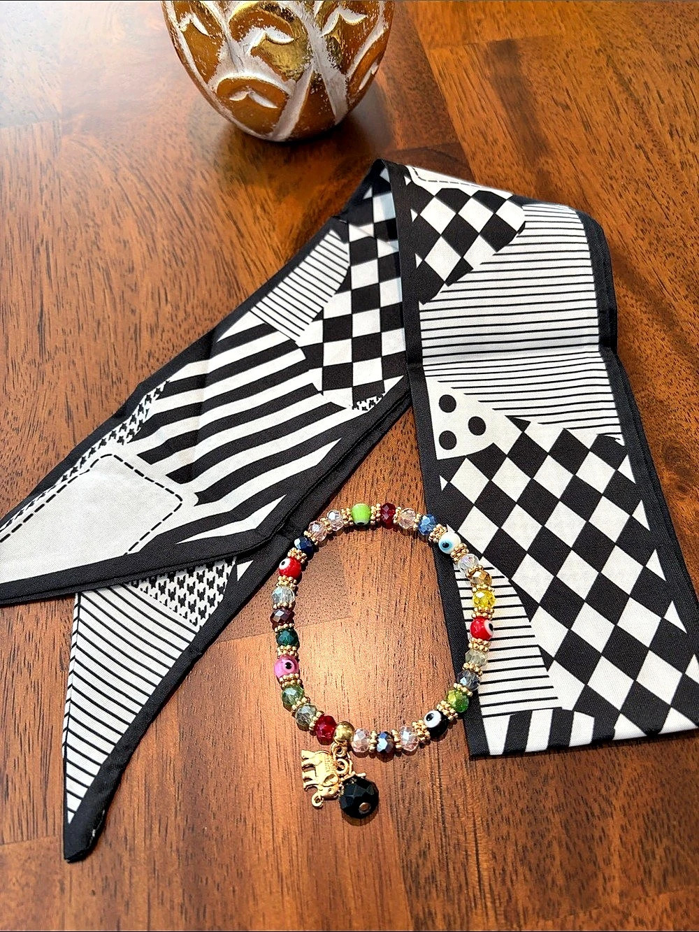 Multicolor Bracelet with Elephant Charm and Black/White Scarf